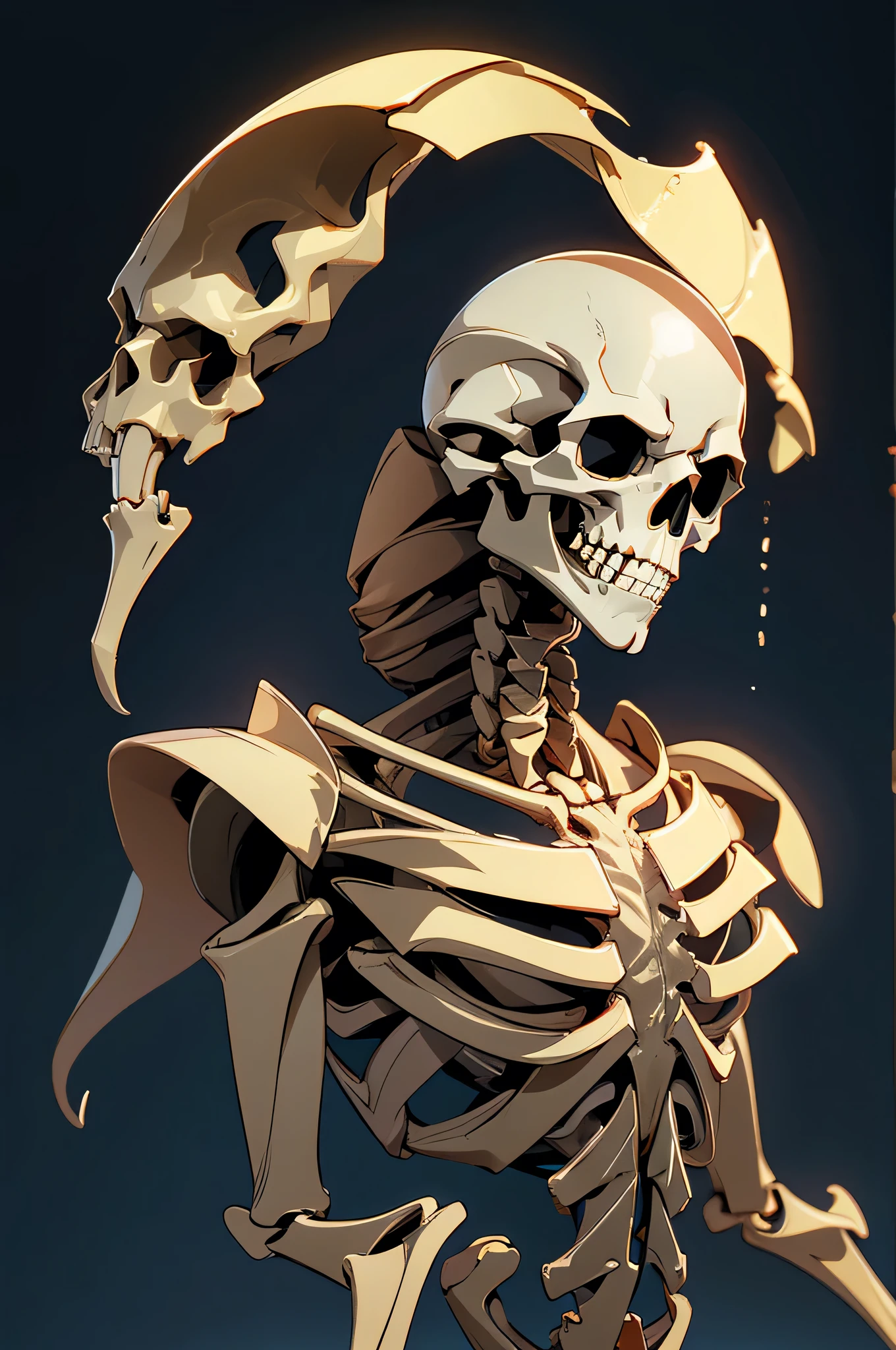 human skeleton, full bones, no humanoids, dark background, jaw open, skull, bones, full, jaw falling