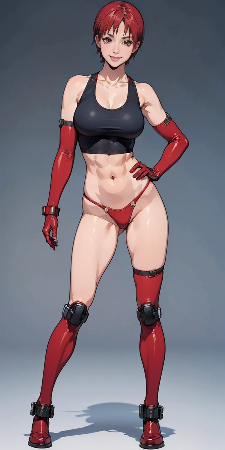 (plain background, 8k, best quality, masterpiece, realistic, photo-realistic:1.37) (full body height standing straight symmetrical contrapposto) (looking at viewer) 2legs apart (wide stance) ultra detailed, 1solo cute girl (beautiful detailed eyes) (smile:1.2) (closed mouth) view from below depth of field, good composition, bob hair, perfect knockers, suspenders, toned body, athletic, wide hips, thin waist, toned arms, exposed abdomen, abs toned, navel, big belly button belt ((red cheeks, red eyes, red tank top, red thong, red gloves gauntlets, red stockings thighs)) (Rei Kishimoto)