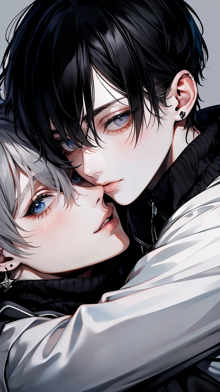 (Mastepiece), (Best Quality), Very detailed, ((Two men intimate:1.5)), Perfect Face, Beautiful Face, Very detailedな顔，(Black-haired man:1.3)，(Grey-haired man:1.3)、