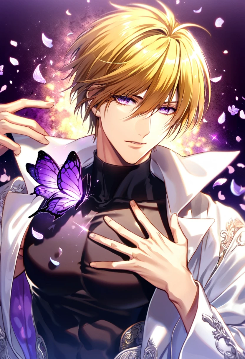absurdres, highres, ultra detailed, HDR, master piece, best quality, Genjo Sanzo, blonde hair, expressive purple eyes, saiyuki, solo, sexy man, handsome, toned chest, white coat, black tight shirt, purple butterflies, petals, purple flowers, magical, fantasy, glittering, purple background 