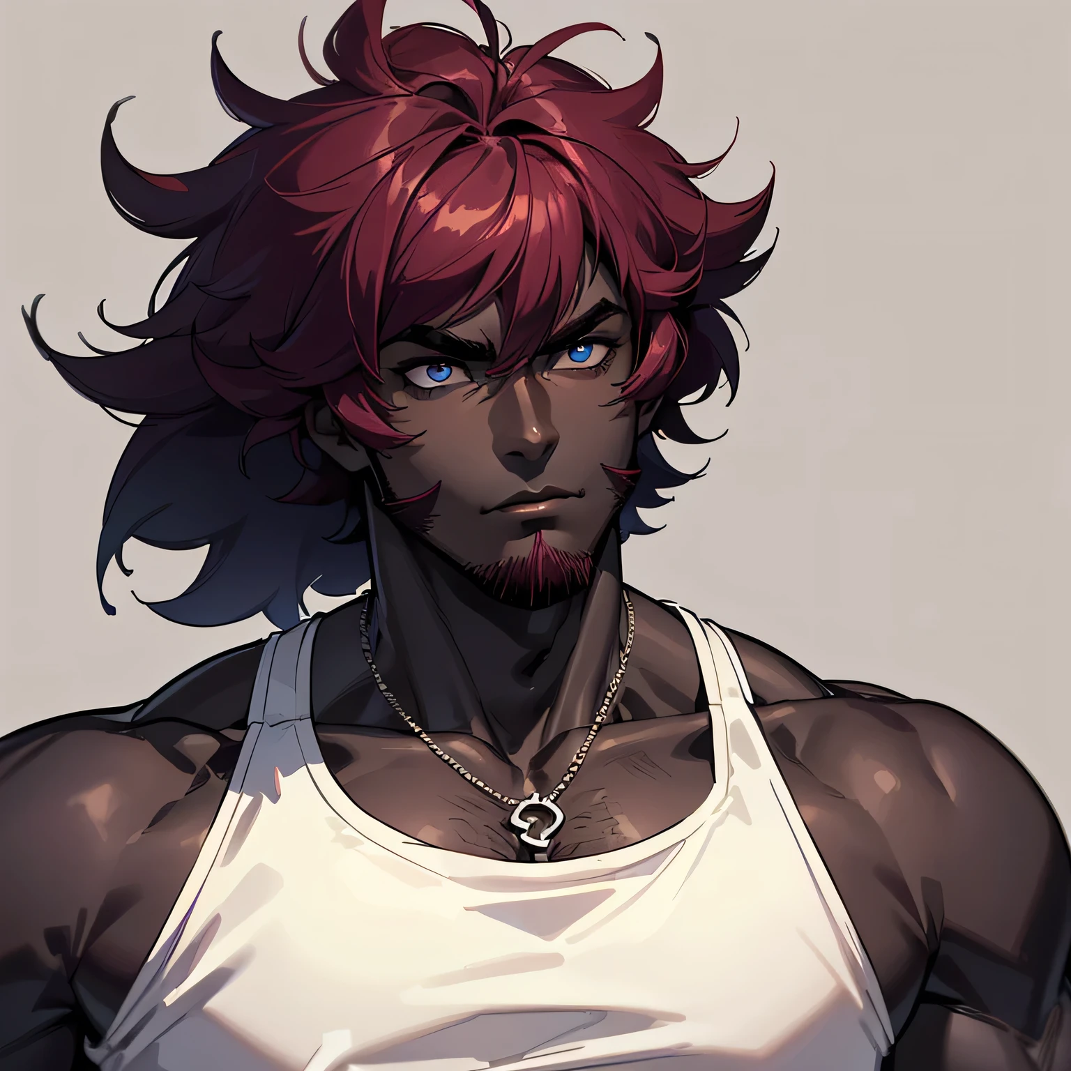 1 man, handsome, masculine, young adult man,((muscle, broad shoulders)), confident expression, looking at viewer, portrait, chain necklace, ((pale dark skin:1.6)), (blue eyes:1.1), ((purplish red hair, medium length hair, shaggy hairstyle, messy hair)), tank top, black leather, trimmed beard, thick eyebrows, upper body,