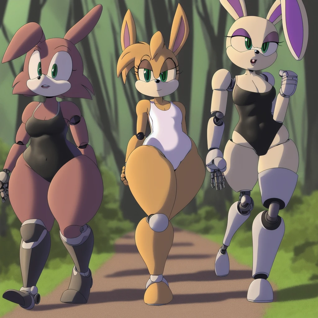 Bunnie Rabbot from Sonic Satam, wearing purple one piece swimsuit, wearing black shorts, brown fur, one robotic leg, thick thighs, beautiful limbs, walking in the forest, high quality, Dan Haskett Character Design style,