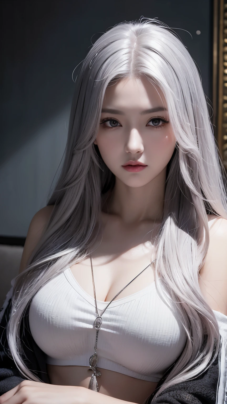 masterpiece, Amazing girl, Night Moon Full Moon, 1 female, Mature woman, elder sister, Royal elder sister, Cold Face, Poker face, woman with long silver hair, Light pink lips, calm, Intellectuals, Three-banded grey eyes, Assassin&#39;s Dagger, Flower ball background, Card Details, Finger details, Facial details, Eye details,