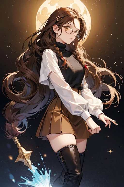 Charon has long, mocha brown hair that is usually placed into two braids held by two little star clips. Casually, she is seen wearing a black turtleneck sweater with a loose white overshirt and red rectangular glasses. She also wears a brown and ochre skirt with thigh high black socks and brown boots. Unlike the other characters, Charon's hair changes when she is in her Lady form. Her hair is let loose and wavy and is still held back by her star clip. SPARKLE; GLITTER