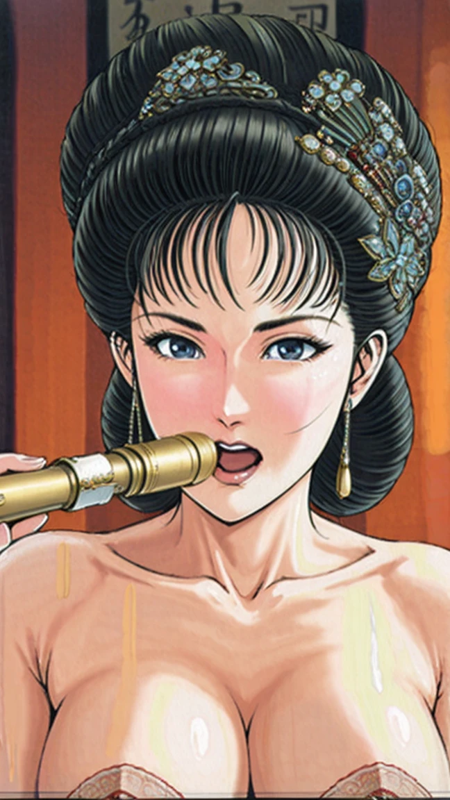 (best quality), (very aesthetic), (ultra-detailed), (best illustration),(a mature female),(NSFW),(perfect face),Suikoden,Mrs. Lin,((full_body)),((full_nude)),red cheek,sweating,skinny,chinese traditional bed room,(((doing blowjob))),from side