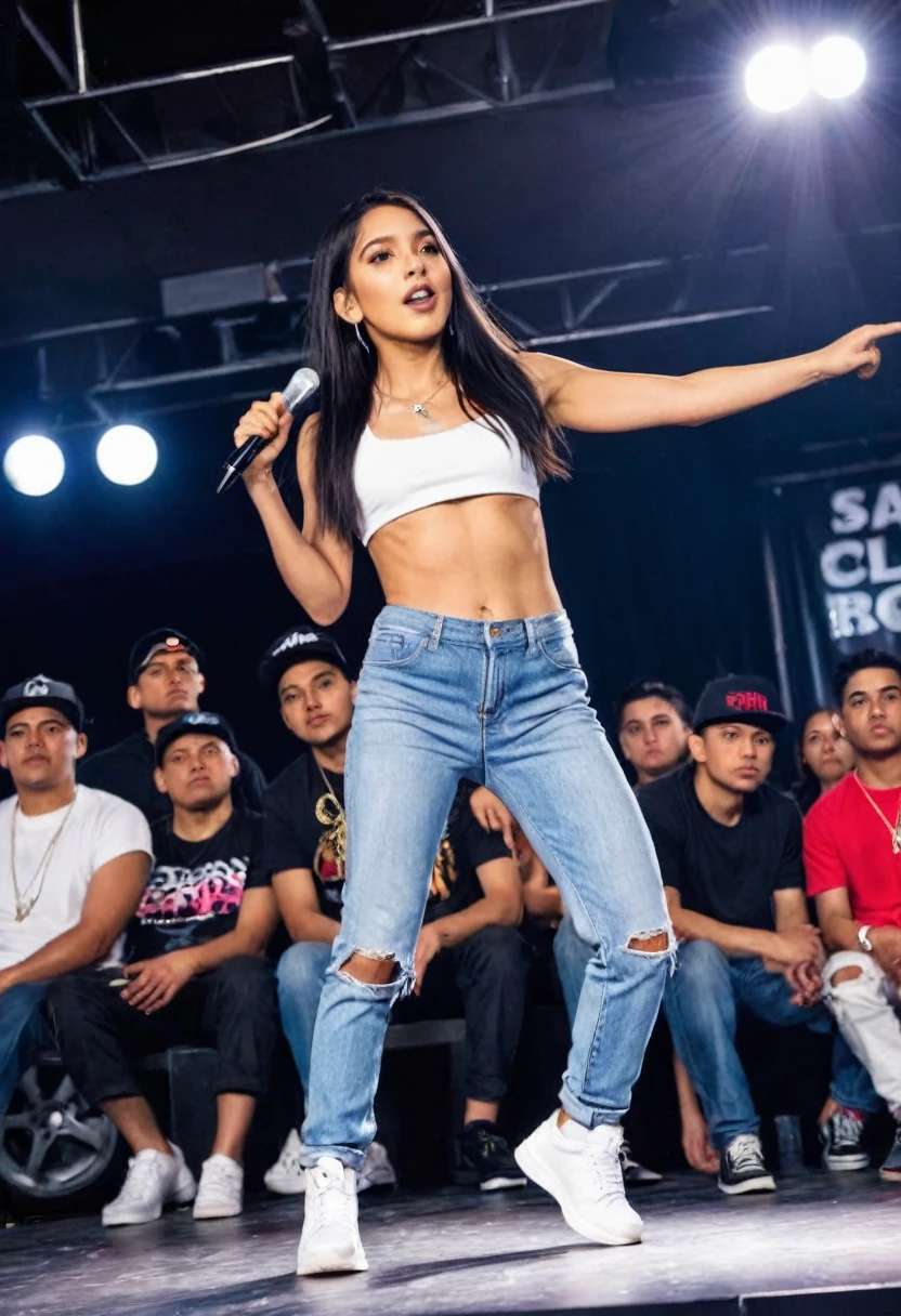 Mexican girl with a slim complexion approaching 20 years old on stage in a rap battle 