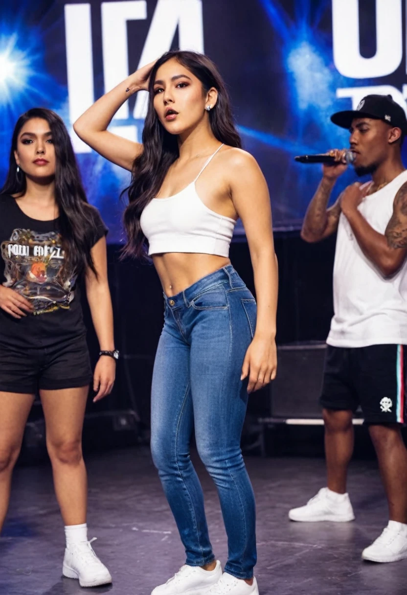 Mexican girl with a slim complexion approaching 20 years old on stage in a rap battle 