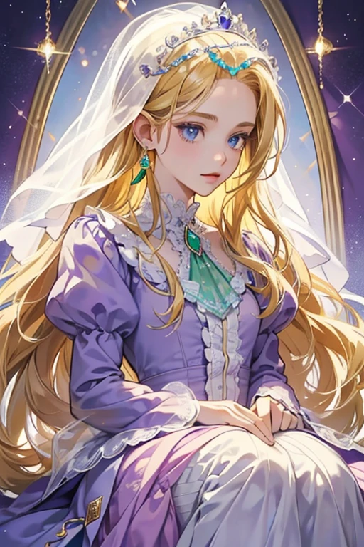 Claire is described as being spellbinding and amazingly beautiful. She has very long blonde hair, blue eyes, and wears a light purple and white frilly dress and a veil. She has a dark purple collar around her neck with an emerald heart connected to it, emerald earrings, and a crown. There is a string or a chain with a small emerald on it connected to the crown, which hangs over her forehead. SPARKLE; GLITTER