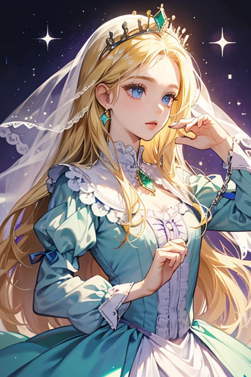 Claire is described as being spellbinding and amazingly beautiful. She has very long blonde hair, blue eyes, and wears a light purple and white frilly dress and a veil. She has a dark purple collar around her neck with an emerald heart connected to it, emerald earrings, and a crown. There is a string or a chain with a small emerald on it connected to the crown, which hangs over her forehead. SPARKLE; GLITTER