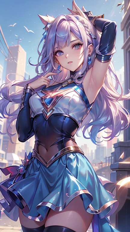 ((mejor calidad, obra maestra, Disparates)),1 chica:1.9, sexy, ( 18 years, Ojos azules expresivos, Cabello rubio hasta los hombros, pelo largo,Cabello suelto y esponjoso),Cosplay de Supergirl vestida (Juego de rol personalizado de Super Girl Suite), vestido rojo corto,eechi, Terraza en 1 edificio