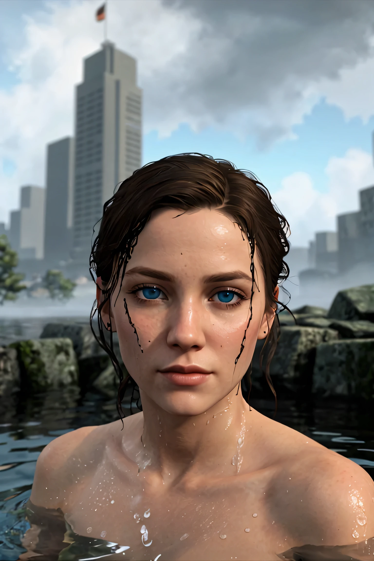 the face of woman with beautiful blue eyes, in water, in the style of dystopian realism, realistic perspective, xbox 360 graphics, surrealistic realism, emotive realism, soggy, eerily realistic