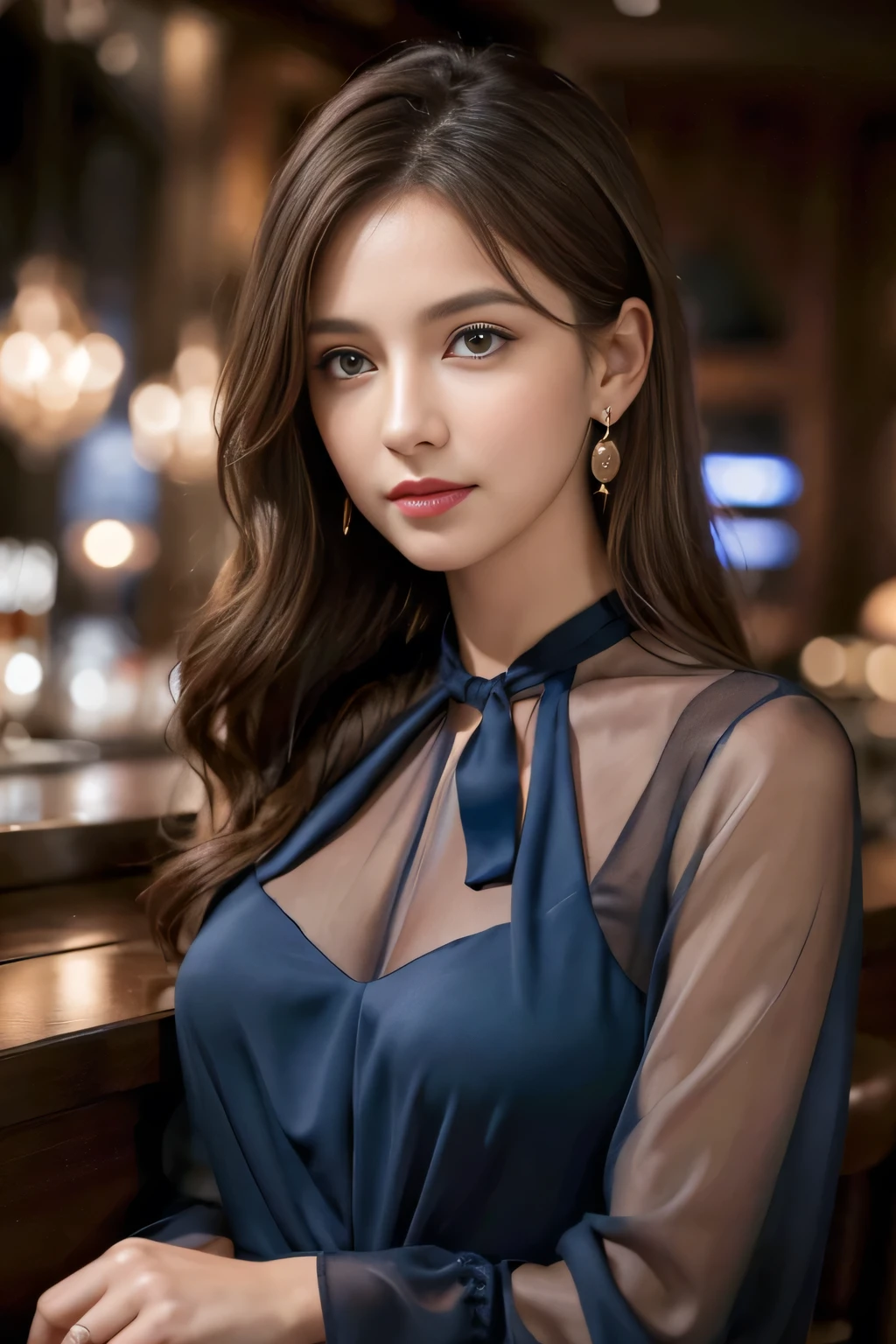 A beautiful woman in a sheer navy blue blouse, with messy brown hair, in a stunning bar restaurant at night, highly detailed, photorealistic, 8k wallpaper, masterpiece, ultra-detailed, perfect dynamic composition, beautiful eyes, large earrings