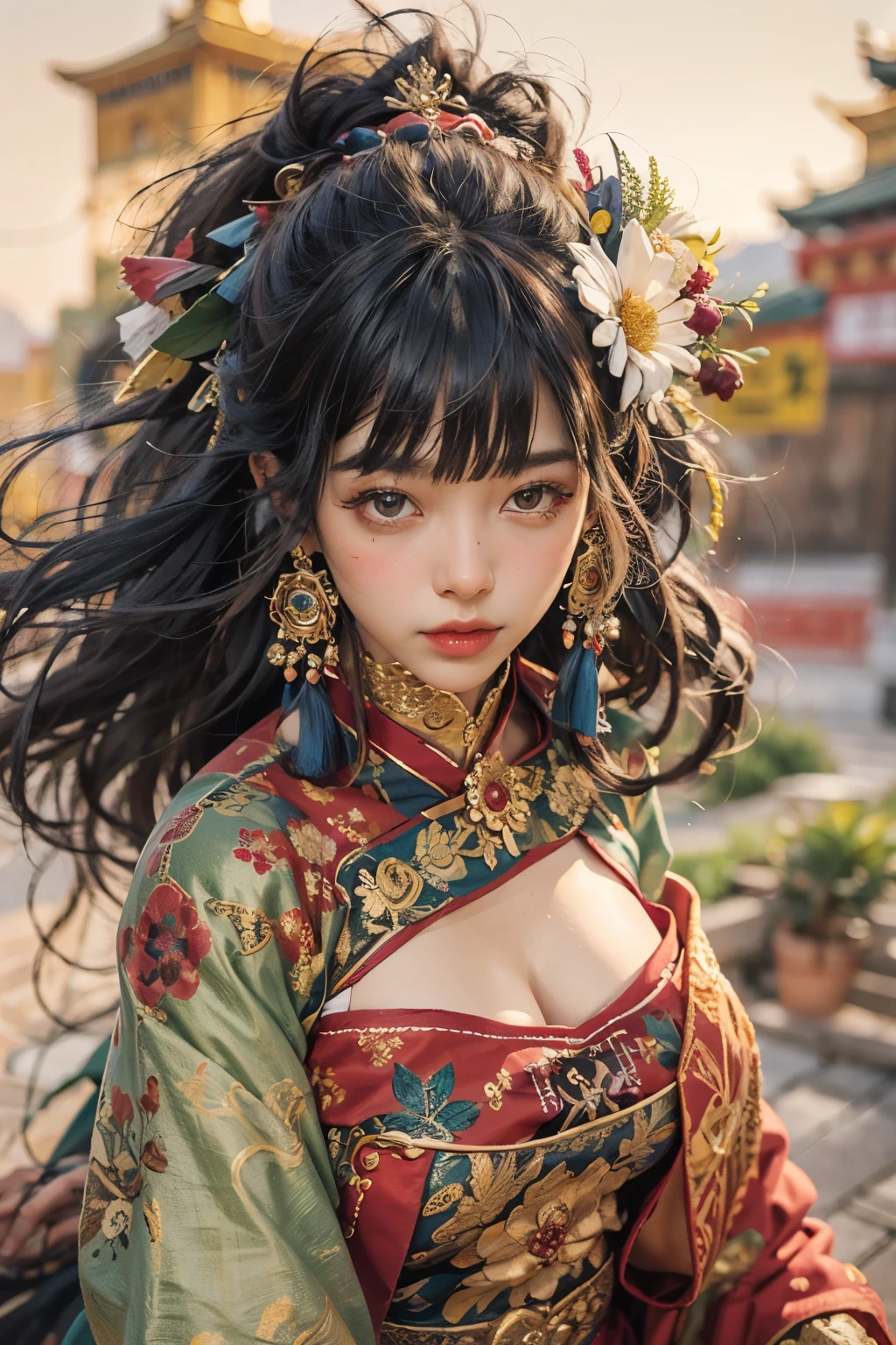 Potala Palace, Lhasa,Beautiful Tibetan girl,Tibetan Costume,Keep the door open,dance,Long black hair,Red face,oil,ink,acrylic painting,masterpiece,in renaissance style,highest quality,High resolution,Ultra-fine,Fine-grained,Facial details,Hair Details,Accurate,Clear eye close-up