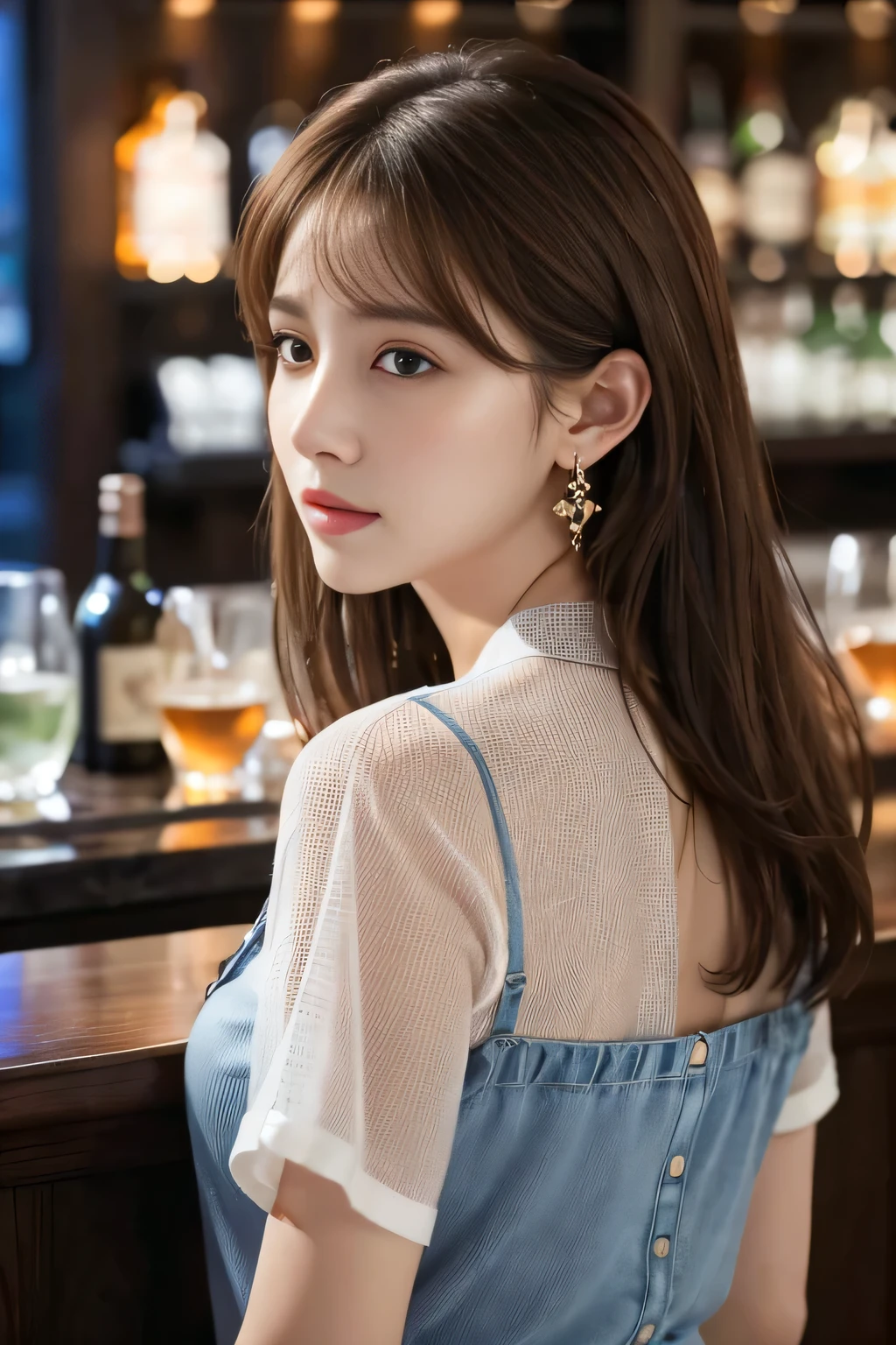 masterpiece, highest quality, Realistic, Very detailed, Finer details, High resolution, 8k wallpaper, One beautiful woman, Wear a navy blue see-through shirt, Great bar restaurant, At night, Light brown messy hair, Perfect dynamic composition, Beautiful and beautiful eyes、Big earrings、Back view、
