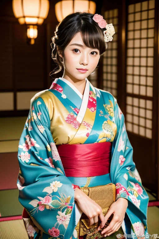 (8k, RAW Photos, highest quality, Perfect Anatomy, masterpiece:1.2), (Realistic, photo-Realistic:1.4), (Highly detailed 8k wallpaper), Sharp focus, Professional Lighting, Depth of written boundary, Cinema Lighting, (Camera angle is full body:1.5), 25 years old Beautiful and cute Japanese actress, Low Angle, Traditional Japanese Kimono, Long-sleeved kimono:1.3, Graceful pose, Complex Pattern, Vibrant colors, Japanese Textile Arts, Traditional Japanese hairstyle, Hairpin, ornate hair accessory, Serene atmosphere, Japanese traditional background, Tatami room, Japanese garden, Refined beauty, Timeless charm