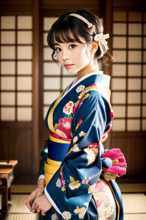 (8k, RAW Photos, highest quality, Perfect Anatomy, masterpiece:1.2), (Realistic, photo-Realistic:1.4), (Highly detailed 8k wallpaper), Sharp focus, Professional Lighting, Depth of written boundary, Cinema Lighting, (Camera angle is full body:1.5), 25 years old Beautiful and cute Japanese actress, Low Angle, Traditional Japanese Kimono, Long-sleeved kimono:1.3, Graceful pose, Complex Pattern, Vibrant colors, Japanese Textile Arts, Traditional Japanese hairstyle, Hairpin, ornate hair accessory, Serene atmosphere, Japanese traditional background, Tatami room, Japanese garden, Refined beauty, Timeless charm