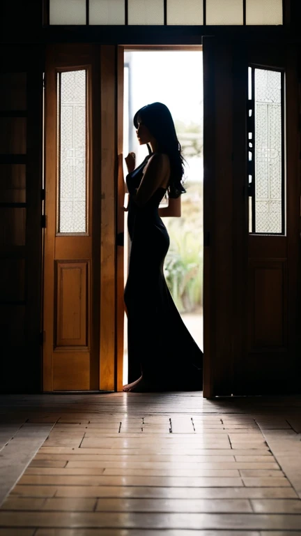 No estilo 2D, create an opening door and in the background a black silhouette of a woman wearing a long white dress and barefoot.