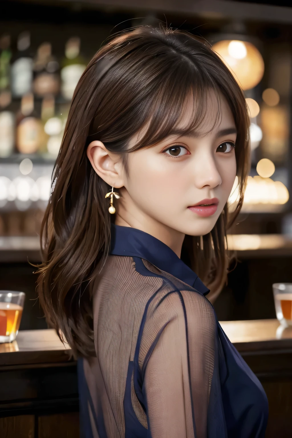 masterpiece, highest quality, Realistic, Very detailed, Finer details, High resolution, 8k wallpaper, One beautiful woman, Wear a navy blue see-through shirt, Great bar restaurant, At night, Light brown messy hair, Perfect dynamic composition, Beautiful and beautiful eyes、Big earrings、Back view、