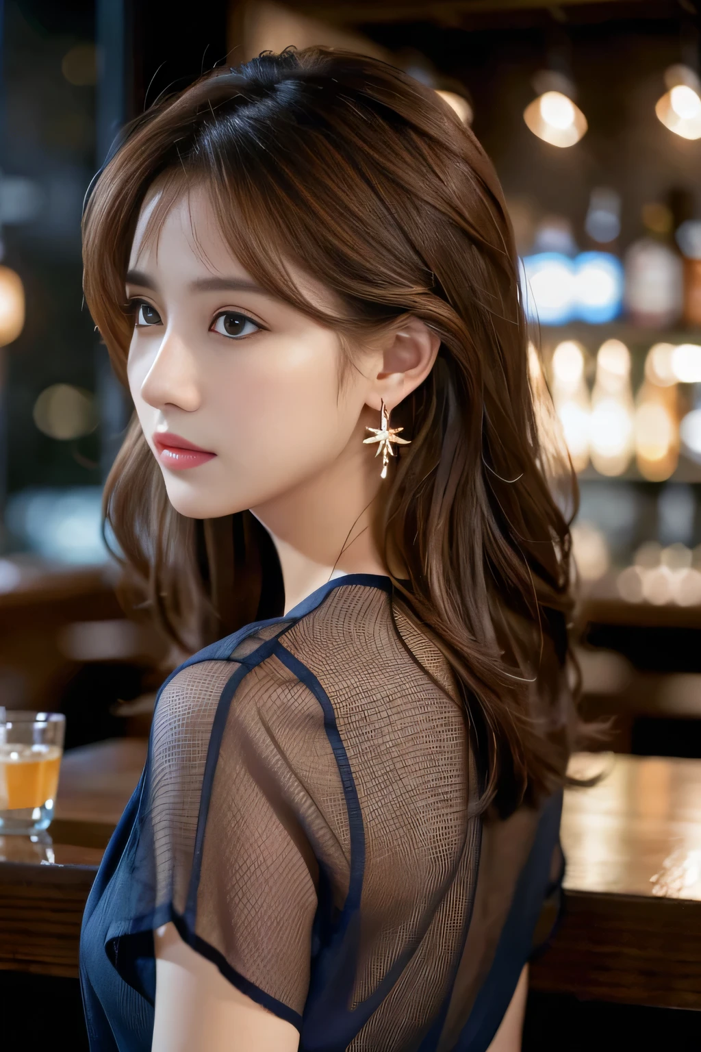 masterpiece, highest quality, Realistic, Very detailed, Finer details, High resolution, 8k wallpaper, One beautiful woman, Wear a navy blue see-through shirt, Great bar restaurant, At night, Light brown messy hair, Perfect dynamic composition, Beautiful and beautiful eyes、Big earrings、Back view、