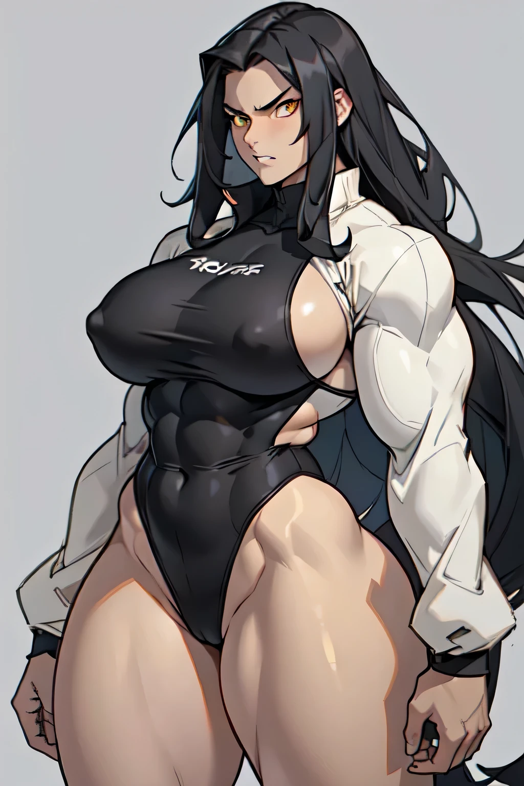 ((grey background))  pale skin black hair yellow eyes (very long hair) angry ((1 girl muscular toned body bodybuilder curvy wide hips thick thighs massive tits)) (solo) standing (long sleeves leotard)