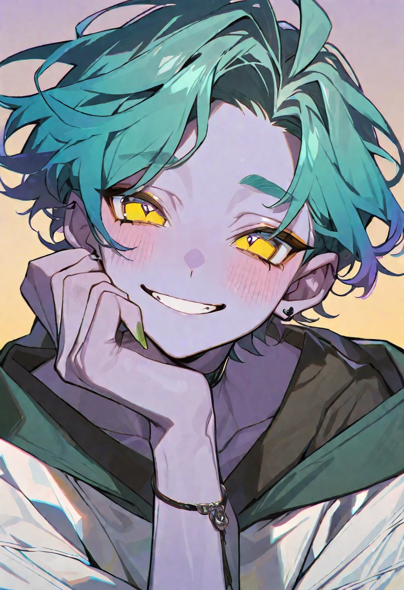 Solo Male, light purple skin, teal hair, alien aesthetic, yellow eyes, gradient background, huge smile, blushing, handsome, short hair