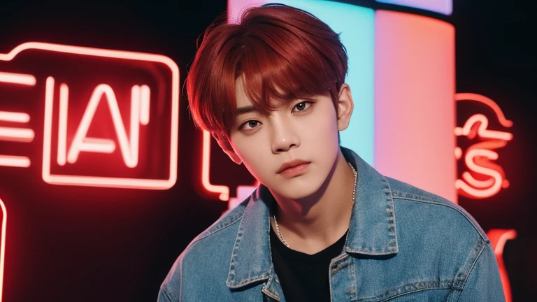 (Highly realistic photos, concentrate、High resolution, Detailed face, Detailed Hair,fine grain), ((Shooting in front of a wall))、Japanese men, 20-year-old, One boy,Only one person is in the photo、Natural look、 Upper body portrait, good looking,View Viewer,manly,short hair,Red dyed hair,masterpiece,Creating a soft face,Kim Tae-hyung,((Kim Taehyung))\(BTS\),Stage makeup,Fair skin,Broad shoulders:1.5,(Red Hair, :1.2),(Reckless), shy,The intense neon lighting casts dynamic, colorful shadows on her face, emphasizing the lively energy of Tokyo's night life --ar 3:4 --style raw --stylize 250、