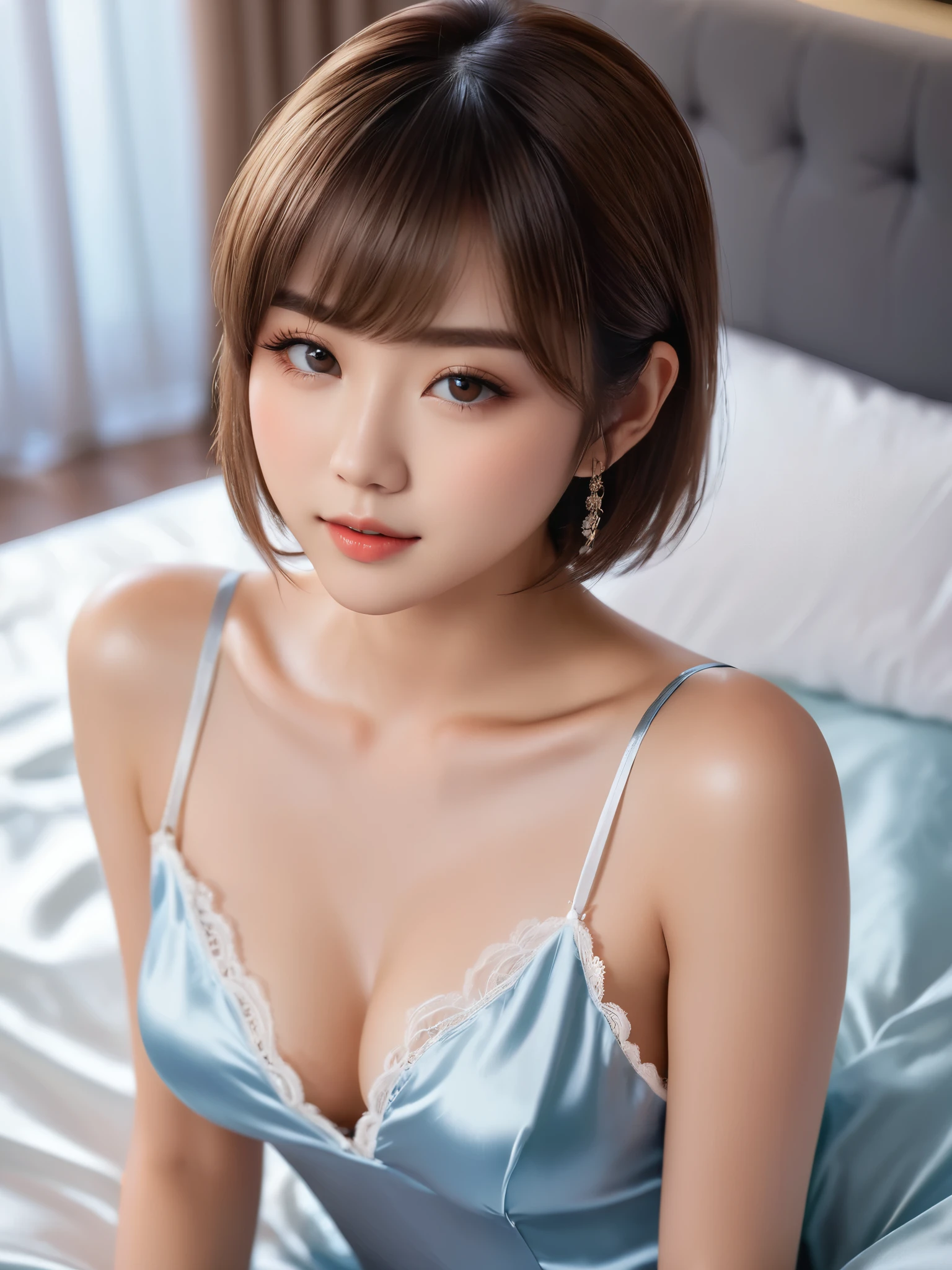 masterpiece, 1 woman per 1photo, full body shot, front view, a Japanese young pretty woman, hyper pretty face, 18 years old, short hair, sitting on a silk bed, wearing only a sleeveless silky satin light blue chemise with white laces, busty, wet body, glossy lips, glamorous figure, silk pillow, silk bed sheets, double eyelids in both eyes, natural makeup, long eyelashes, shiny smooth light brown hair, asymmetrical bangs, fair skin, central image, 8K resolution, high detail, detailed hairstyle, detailed face, spectacular cinematic lighting, octane rendering, vibrant, hyper realistic, perfect limbs, perfect anatomy