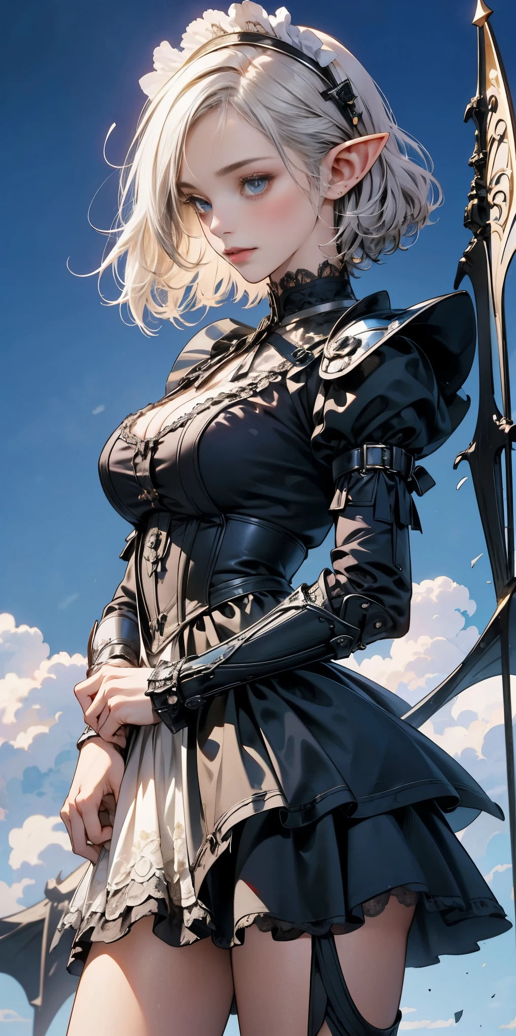 Elf girl medieval knight, standing, green hill with a clear sky. Detailed elf face, big breasts, short hair, silver hair, deep blue eyes. Wearing black Victorian maid armor, full silver armor, intricate armored. Cinematic lighting, masterpiece. by Yusuke Murata