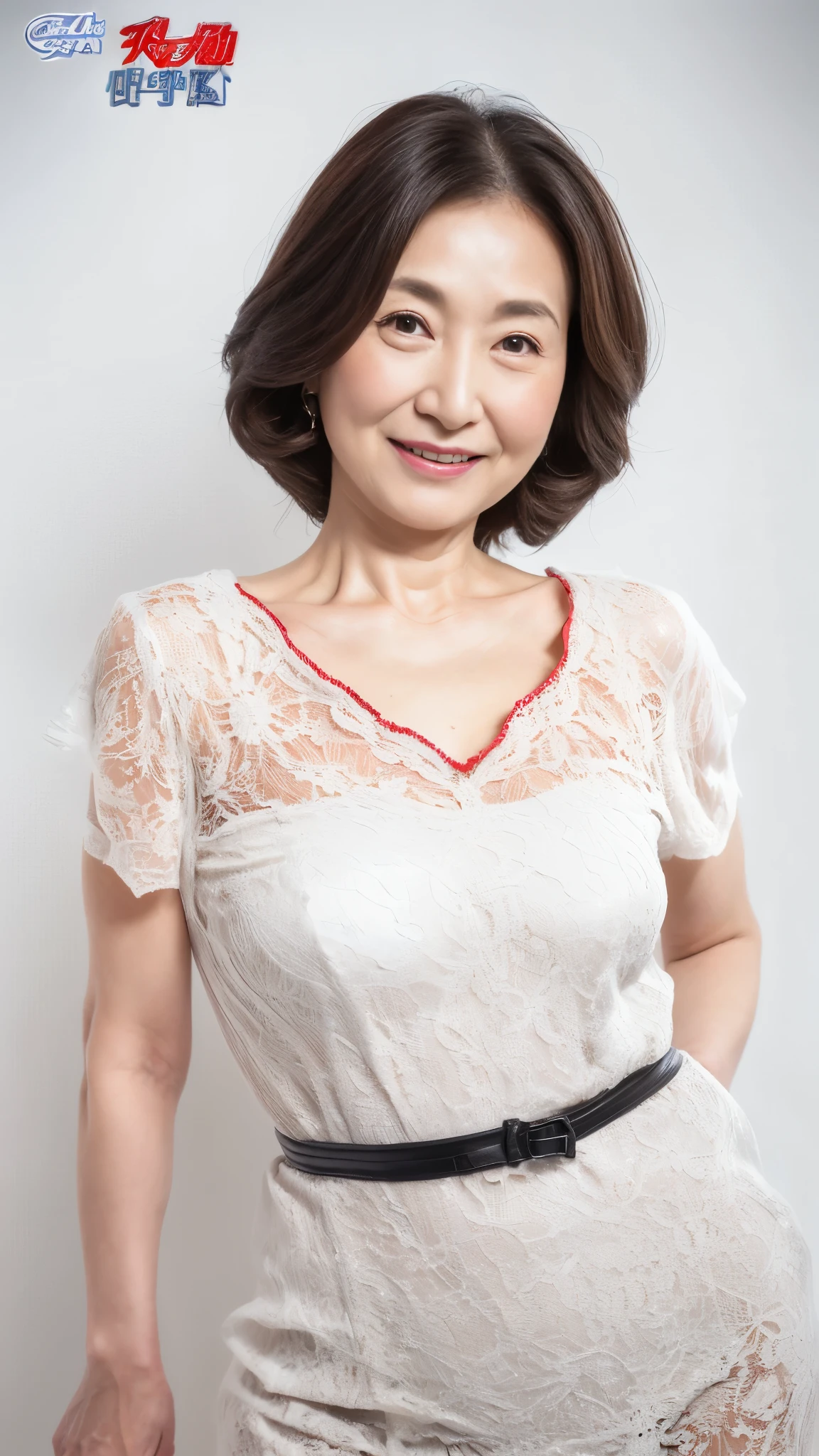 Auntie, ((Fractal Art)), (((masterpiece))), 8k, Clear images, (((alone))), (((Asian Beauty))), Pure white background, Gray Hair, Hands behind back, Refreshing early summer outfit, gravure, Alluring, ((Elderly mature woman with an old face)), Depict lips accurately,Red lips, Flashy makeup, (((alone))), (((Perfect Anatomy))), Elderly, Pure white background, gravure, Upright posture, smile, ((Obscene)), From the chest up, highest quality, Very detailed, Realistic, Very detailed細なスキン, (Mature Woman), (positive), 100 years old, Huge breasts, Mature Pornstar, Glamour, sexy, Pure white skin, Comfortable clothing,