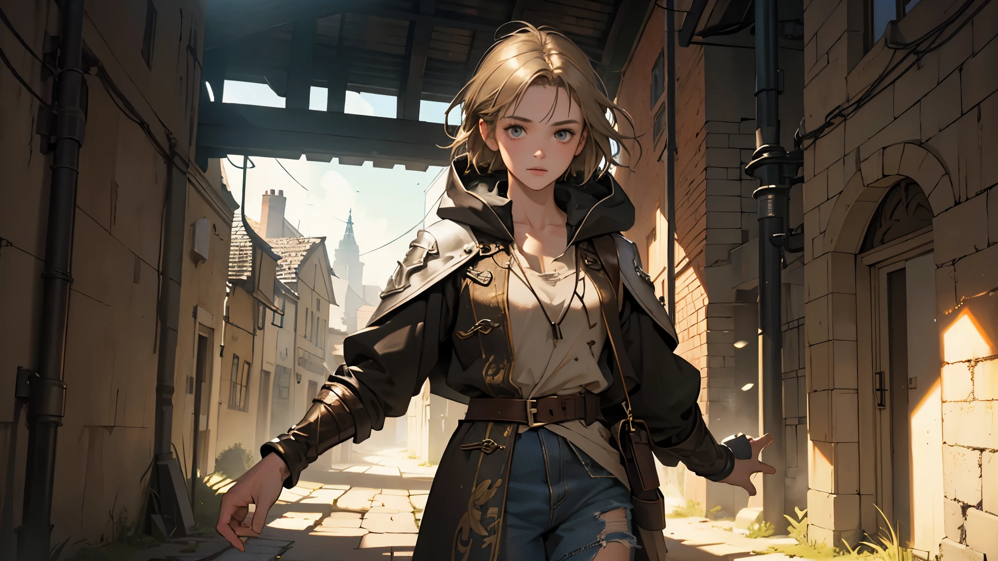 masterpiece, ultra detailed, 8K Portrait, Raw photo, a portrait photo of girl, Highly detailed face, beautiful and meticulous eyes, ((Fantasy)), 10 year old, young girl, little, dark blonde short hair, brown eyes, Kind face, skinny, (dirty and tattered clothes), dirty and tattered hooded long white coat Fluttering in the wind, ((bare foots)), Midday Sun, Hyper realistic, in a medieval back alley, Ambient lighting, Shadow details , strong breeze, Light fog