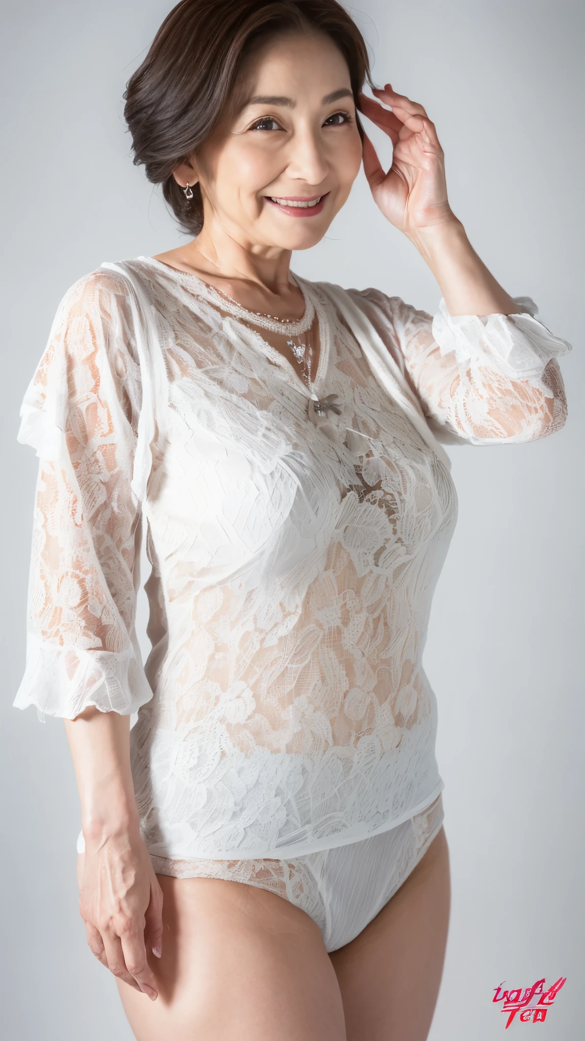 Auntie, ((Fractal Art)), (((masterpiece))), 8k, Clear images, (((alone))), (((Asian Beauty))), Pure white background, Gray Hair, Hands behind back, Refreshing early summer outfit, gravure, Alluring, ((Elderly mature woman with an old face)), Depict lips accurately,Red lips, Flashy makeup, (((alone))), (((Perfect Anatomy))), Elderly, Pure white background, gravure, Upright posture, smile, ((Obscene)), From the chest up, highest quality, Very detailed, Realistic, Very detailed細なスキン, (Mature Woman), (positive), 100 years old, Huge breasts, Mature Pornstar, Glamour, sexy, Pure white skin, Comfortable clothing,