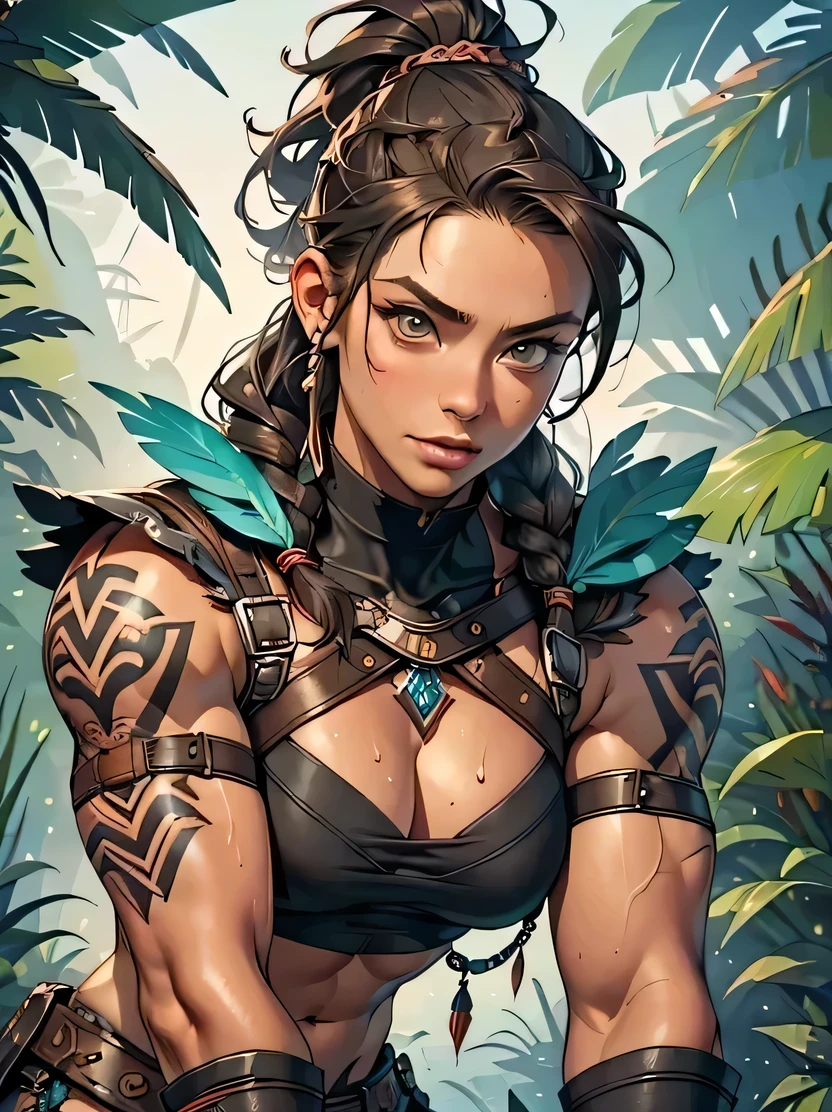 ((Masterpiece, top quality, super detailed, high resolution, sharp focus)), ((one girl, mature woman, face light, bust shot)), big eyes and face, strong physique, savage woman, long hair, ponytail, looking up, bored expression, pompadour cut, braids, warrior armor, straps, gauntlets, dark brown skin, tattoos, belly button, toned abs, sweaty skin, thick Tight chest, broad shoulders, arm muscles, leg muscles, combat makeup, jungle background, looking at viewer, detailed hand depiction, aztec, science fiction, neon light, mechanical, feathers, SlightMuscle