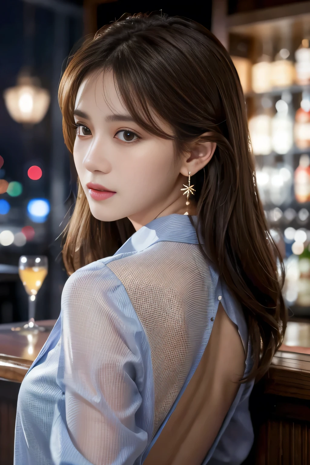 masterpiece, highest quality, Realistic, Very detailed, Finer details, High resolution, 8k wallpaper, One beautiful woman, Wear a navy blue see-through shirt, Great bar restaurant, At night, Light brown messy hair, Perfect dynamic composition, Beautiful and beautiful eyes、Big earrings、Back view、
