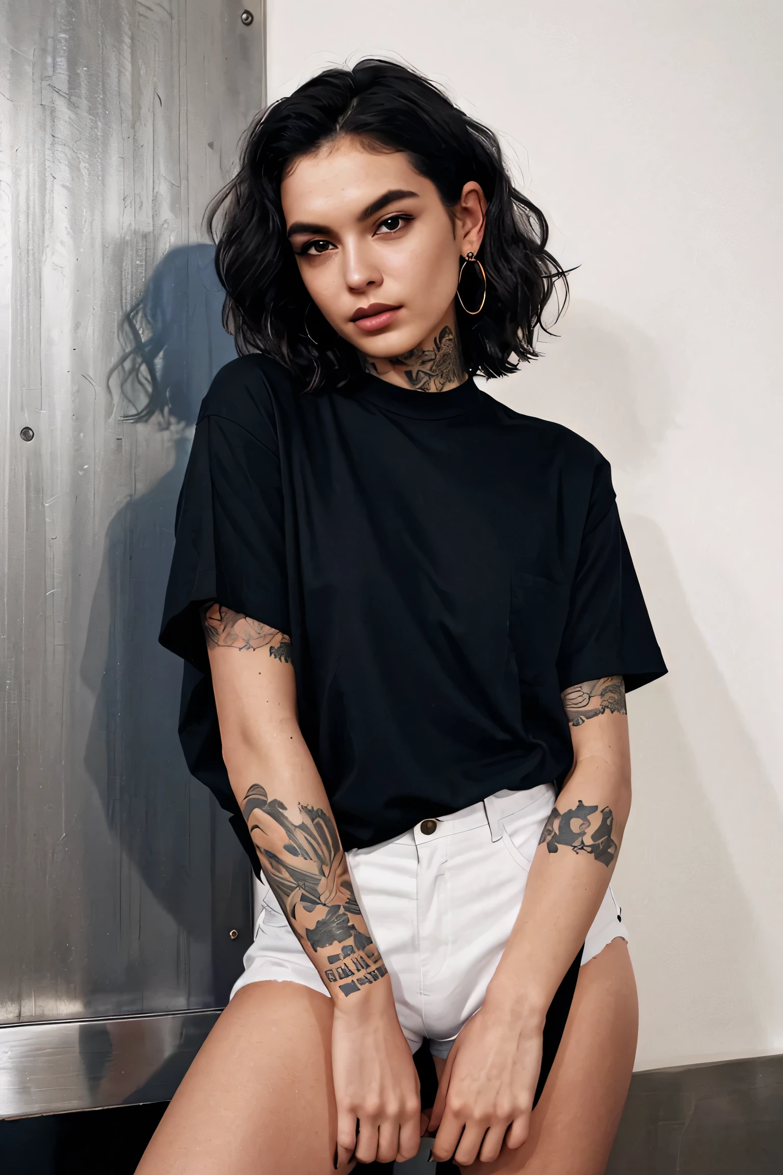 a woman in black shirt with her arms folded against , in the style of tattoo, normcore, dark silver and dark gold, happycore, focus on joints/connections, effortlessly chic, palewave