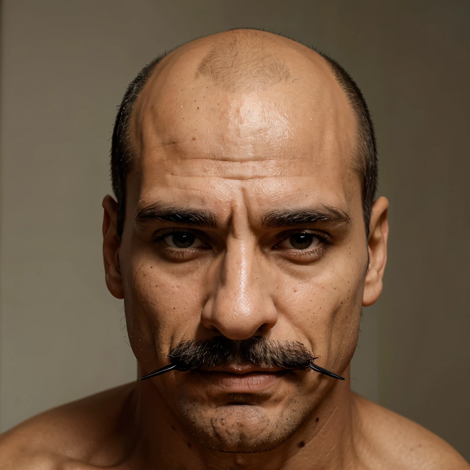 Homem corpo atletivo,careca olhos castanhos com um bigode grane e grosso e queixo fino