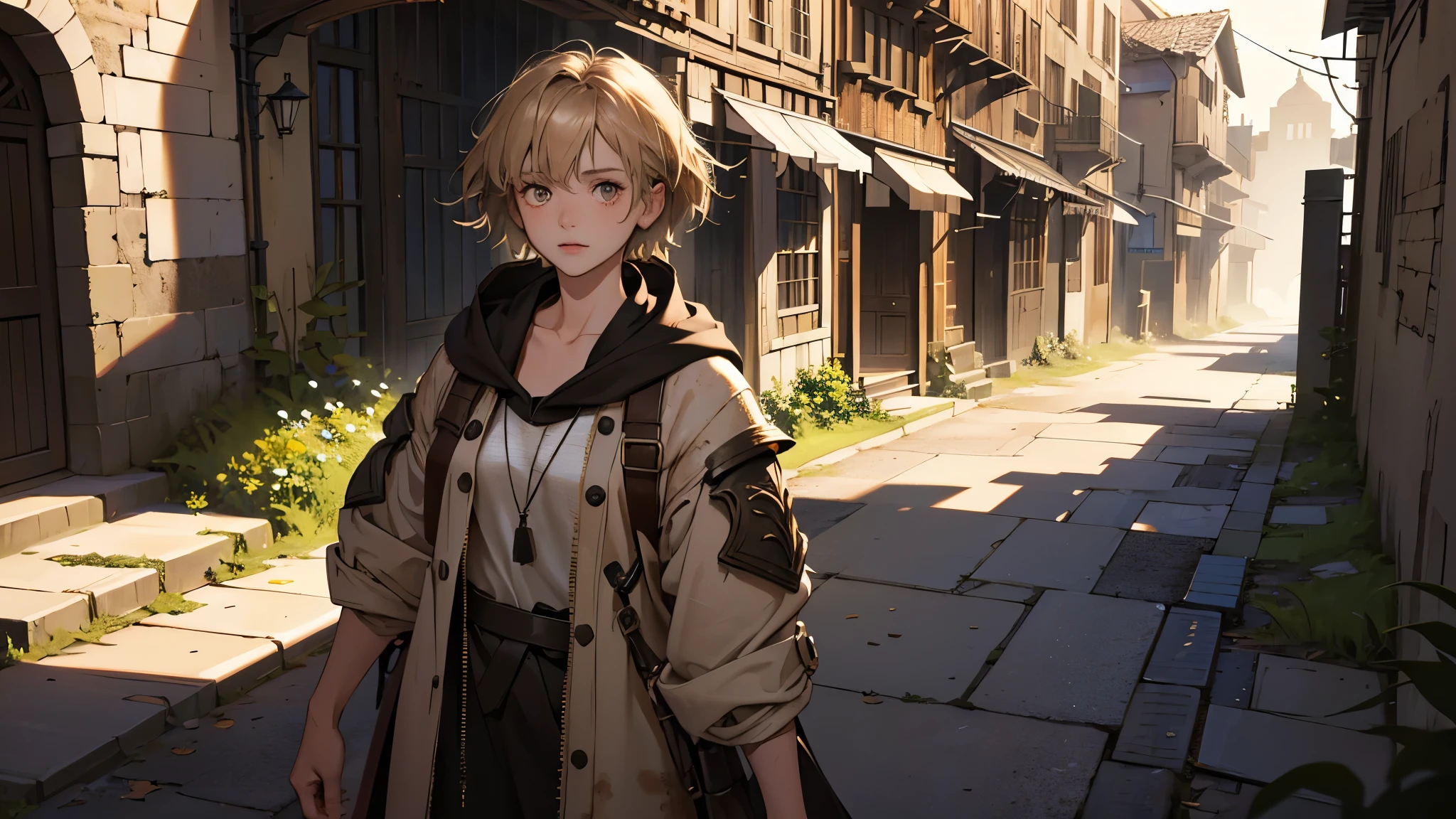 masterpiece, ultra detailed, 8K Portrait, Raw photo, a portrait photo of girl, Highly detailed face, beautiful and meticulous eyes, ((Fantasy)), 10 year old, young girl, little, dark blonde short hair, brown eyes, Kind face, skinny, (dirty and tattered clothes), dirty and tattered hooded long white coat Fluttering in the wind, ((bare foots)), Midday Sun, Hyper realistic, in a medieval back alley, Ambient lighting, Shadow details , strong breeze, Light fog