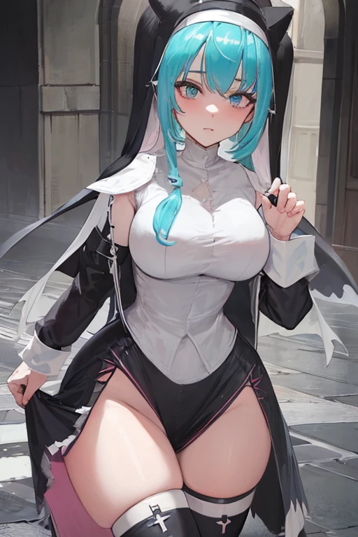 (((midium hair))),aqua hair,curl outward hair, cat ears,pink right eyes,blue left eyes,heterochromia, large breasts, (((nun))),(((solo))),(((slit clothes)))
