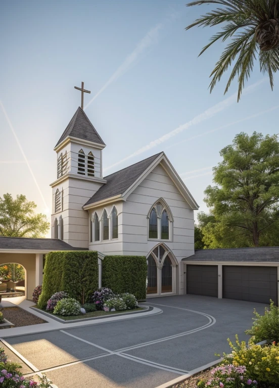 Ultra-realistic 8k, hd image quality, sharp detail, 2-story (((Church :1.3))) house, main materials: white walls, wooden ceiling accents, large glass windows, roads, cars, sidewalks, American Palm trees high, has a small alley, located in a residential area, modern style, shimmering sky, sunset light, feels peaceful, beautiful, close and warm, ((Warm light from indoor:1.3)), (daylight:1.2), perfect lighting,dynamic light,2 large glass doors,((1 large glass window:1.3)), (night light), (colorful flowers in front of the house)