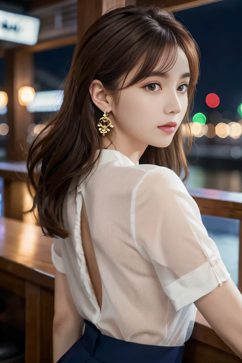 masterpiece, highest quality, Realistic, Very detailed, Finer details, High resolution, 8k wallpaper, One beautiful woman, Wear a navy blue see-through shirt, Great bar restaurant, At night, Light brown messy hair, Perfect dynamic composition, Beautiful and beautiful eyes、Big earrings、Back view、