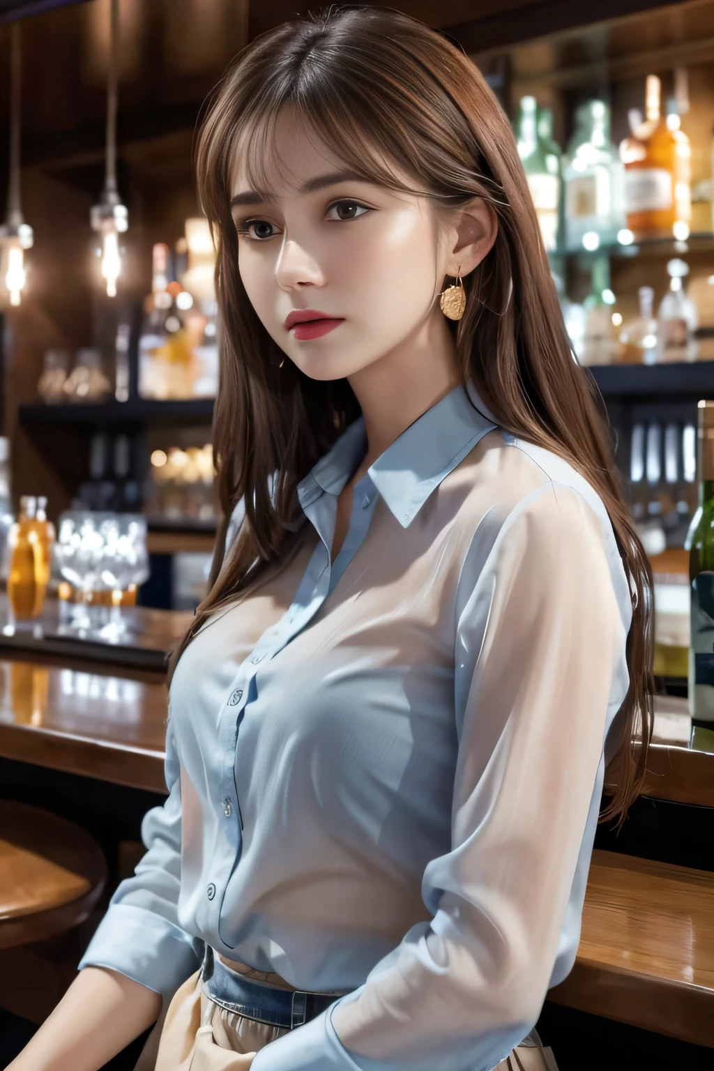 masterpiece, highest quality, Realistic, Very detailed, Finer details, High resolution, 8k wallpaper, One beautiful woman, Wear a navy blue see-through shirt, Great bar restaurant, At night, Light brown messy hair, Perfect dynamic composition, Beautiful and beautiful eyes、Big earrings
