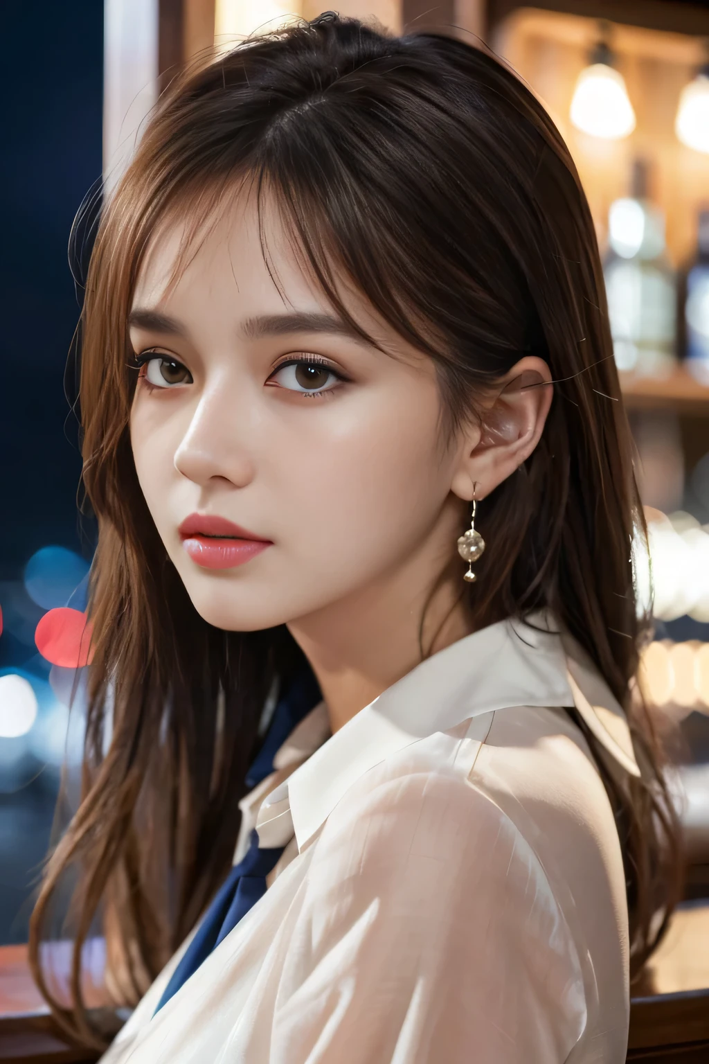 masterpiece, highest quality, Realistic, Very detailed, Finer details, High resolution, 8k wallpaper, One beautiful woman, Wear a navy blue see-through shirt, Great bar restaurant, At night, Light brown messy hair, Perfect dynamic composition, Beautiful and beautiful eyes、Big earrings