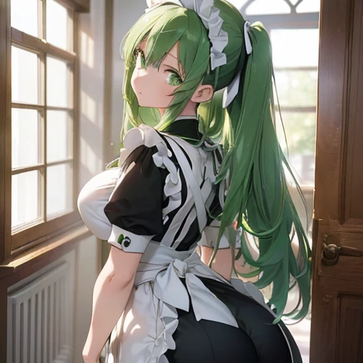 (girl),(anime),(young),(beautiful),(16 years old),(height 1.68cm),(white skin color),(green eyes and long green hair),(wearing), +,(a classic black and white maid uniform),((with a big ass),(and gigantic breasts),(Perfect image),(beautiful character),(high resolution image),(high quality image 