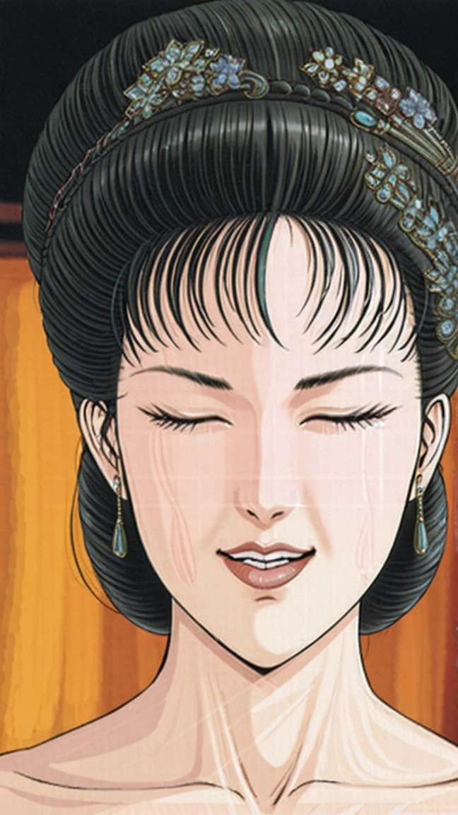 (best quality), (very aesthetic), (ultra-detailed), (best illustration),(a mature female),(NSFW),(perfect face),Suikoden,Mrs. Lin,((full_body)),((full_nude)),red cheek,sweating,skinny,chinese traditional bed room,His eyes are closed, his mouth is wide open, and his tongue is carefully licking the glans of his penis.