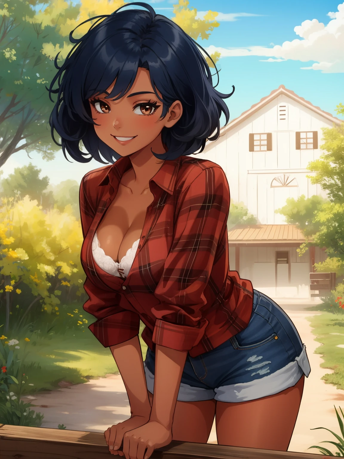 1girl, dark blue hair, medium hair, messy hair, tanned skin, brown skin, brown eyes, red flannel shirt, (cleavage), (bra:0.7), shorts, farm, light smile
