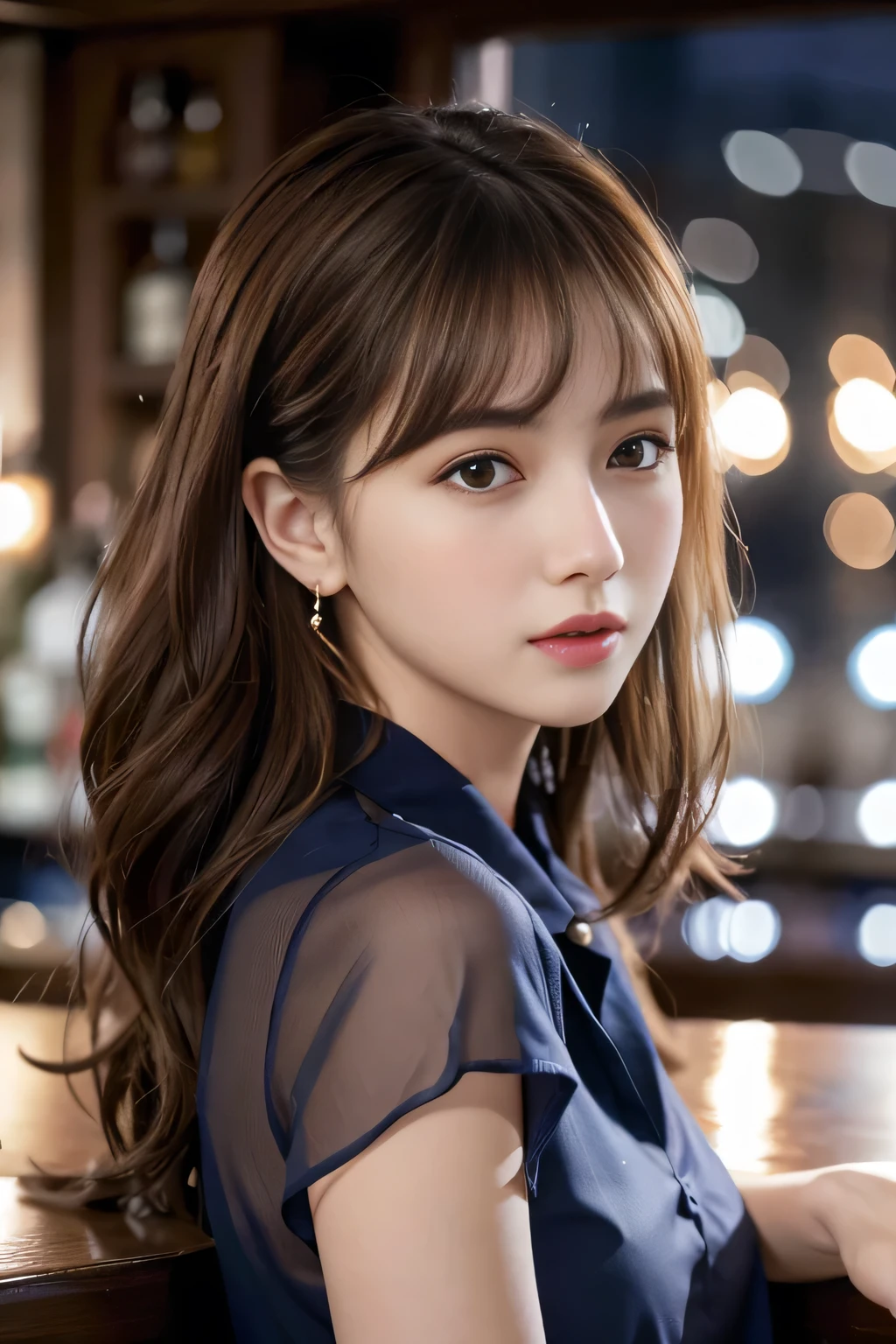 masterpiece, highest quality, Realistic, Very detailed, Finer details, High resolution, 8k wallpaper, One beautiful woman, Wear a navy blue see-through shirt, Great bar restaurant, At night, Light brown messy hair, Perfect dynamic composition, Beautiful and beautiful eyes、Big earrings