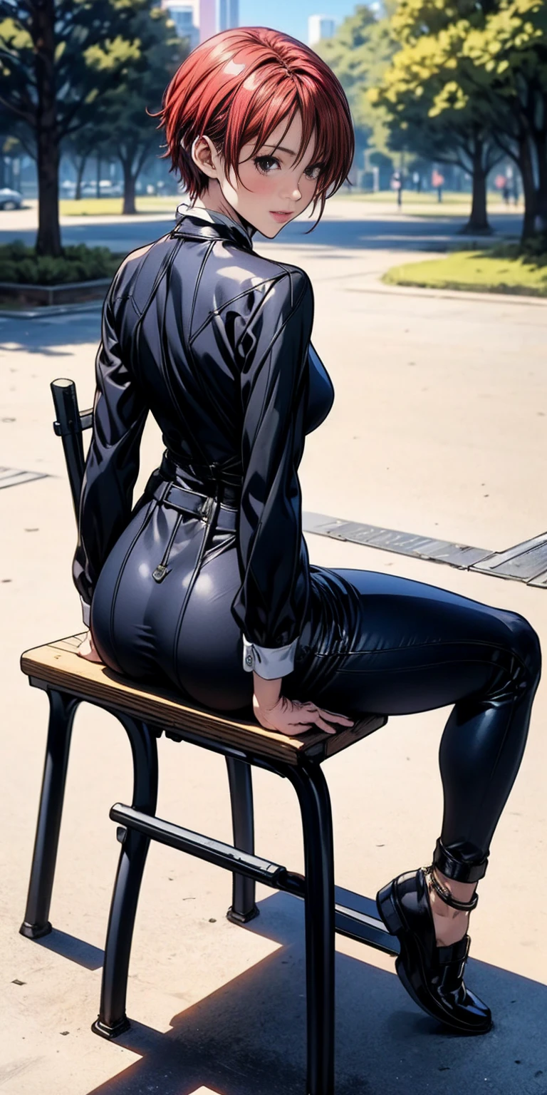 Kei Kishimoto full body sitting on a bench showing ass to me (morning daytime park background) (masterpiece, best quality, ultra-detailed, best shadow)