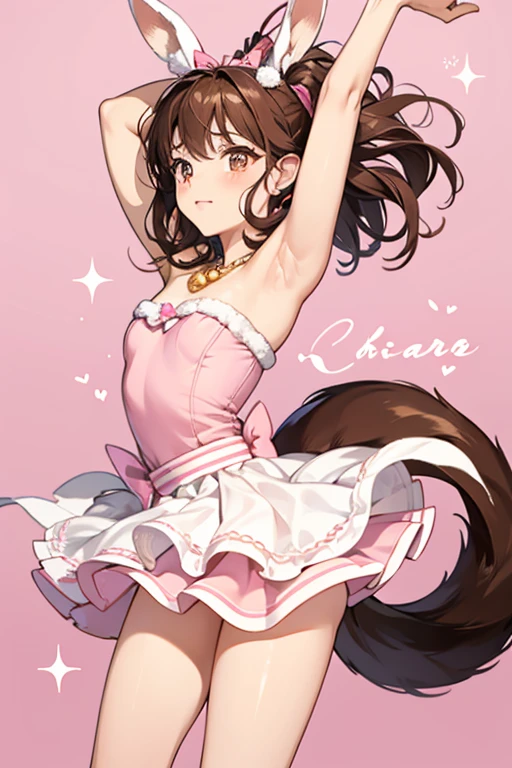 Eclan is a light brown Rex rabbit with dark brown frosting on her éclair ears, arms, legs and tail, dark brown eyes and a pink heart on her belly dipped in chocolate. For her attire, she wears a éclair ribbon bow on her head with a pink heart in the middle, and a golden pearl necklace with a pink heart dipped in pink chocolate attached around her neck. SPARKLE; GLITTER