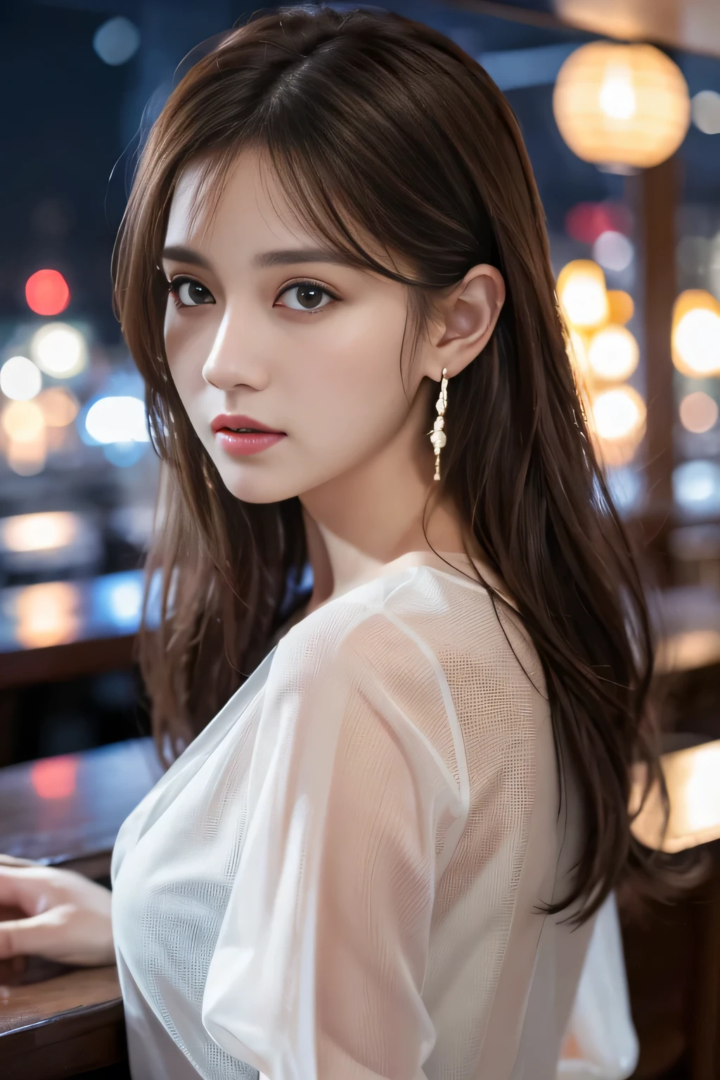 masterpiece, highest quality, Realistic, Very detailed, Finer details, High resolution, 8k wallpaper, One beautiful woman, Wear a navy blue see-through shirt, Great bar restaurant, At night, Light brown messy hair, Perfect dynamic composition, Beautiful and beautiful eyes、Big earrings