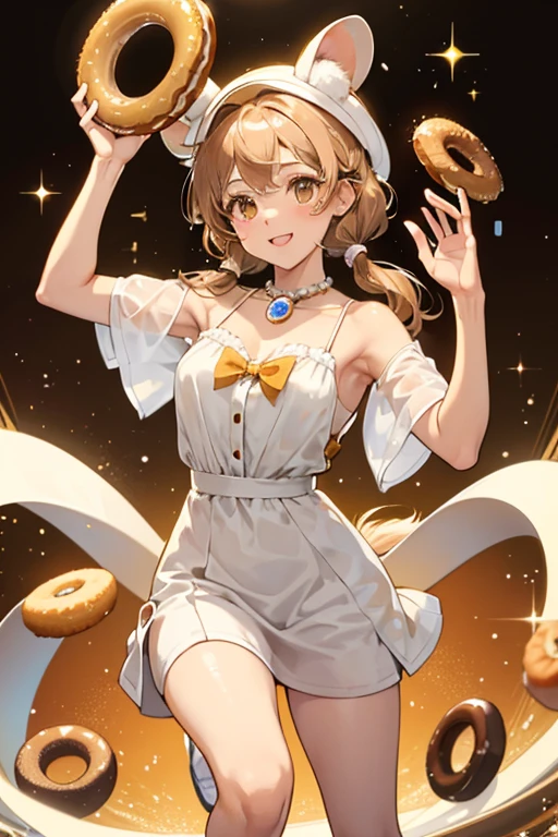 Donadona is a light brown Golden girl hamster with a white belly. she ears and tail are made of caramel brown doughnuts, as well as her arm and leg fluff. sHe also has brown eyes and wears a twisted tan doughnut hat on her head, along with a white pearl necklace with a caramel brown doughnut attached around her neck. SPARKLE; GLITTER