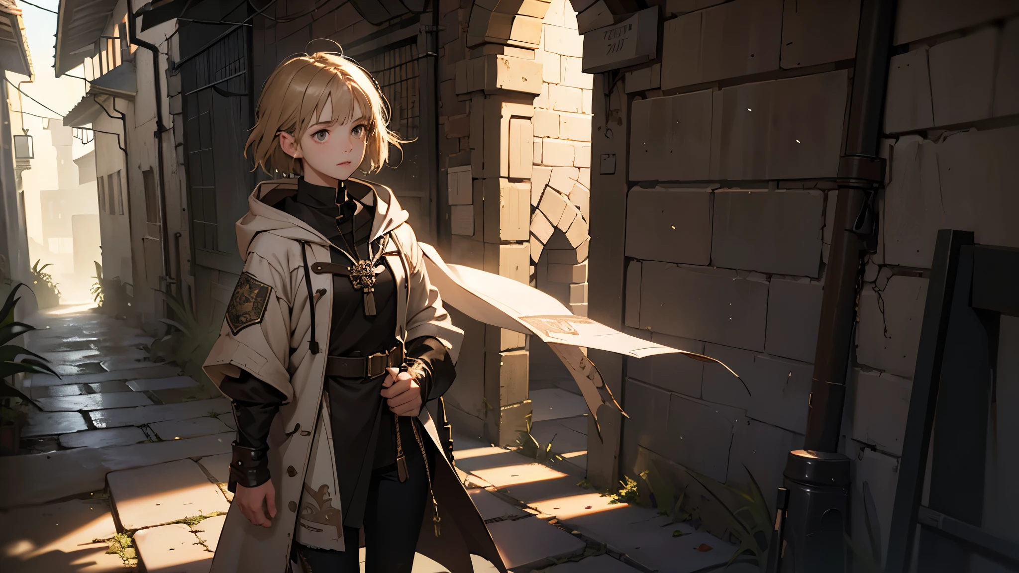 masterpiece, ultra detailed, 8K Portrait, Raw photo, a portrait photo of girl, Highly detailed face, beautiful and meticulous eyes, ((Fantasy)), 10 year old, young girl, little, dark blonde short hair, brown eyes, Kind face, skinny, (dirty and tattered clothes), dirty and tattered hooded long white coat Fluttering in the wind, ((bare foots)), Midday Sun, Hyper realistic, in a medieval back alley, Ambient lighting, Shadow details , strong breeze, Light fog